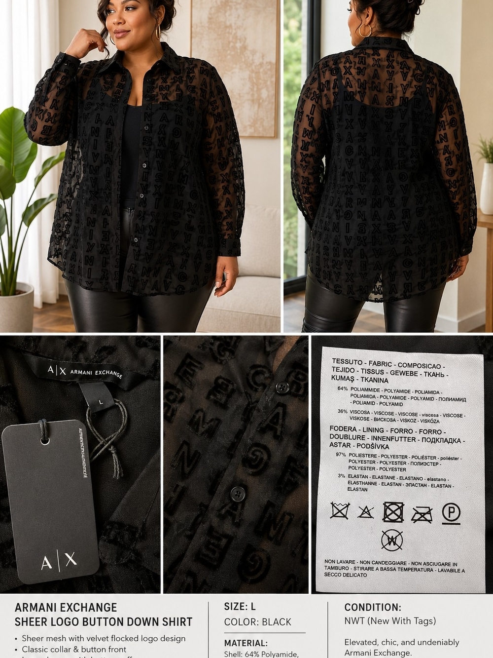 NWT Armani Exchange Sheer Logo Button Front Tunic Shirt Black Size Large
